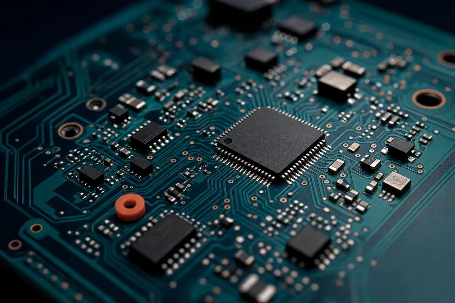 Close-up of a printed circuit board and microcontroller